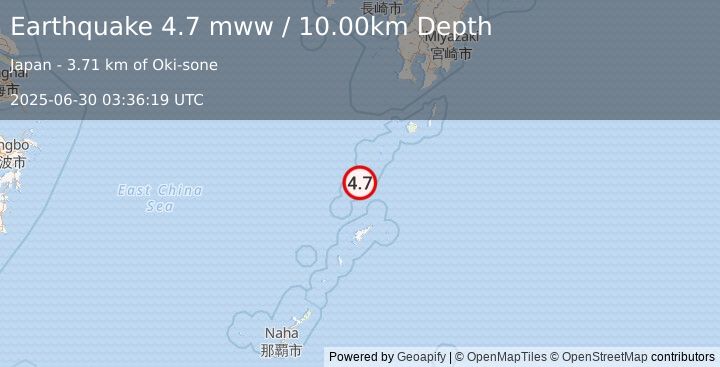 Earthquake 93 km NNW of Tatsugō, Japan (4.7 mww) (2025-06-30 03:36:19 UTC)