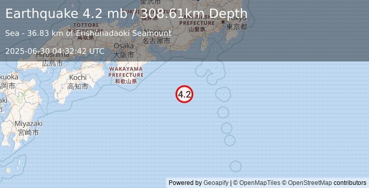 Earthquake 164 km S of Ōyama, Japan (4.2 mb) (2025-06-30 04:32:42 UTC)