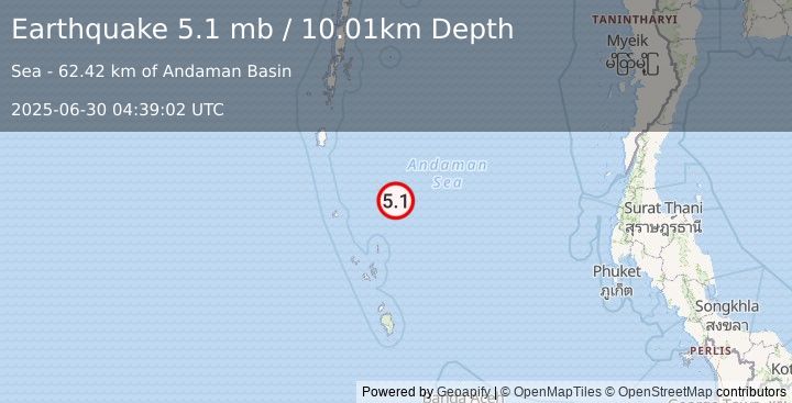 Earthquake 280 km SSE of Port Blair, India (5.1 mb) (2025-06-30 04:39:02 UTC)
