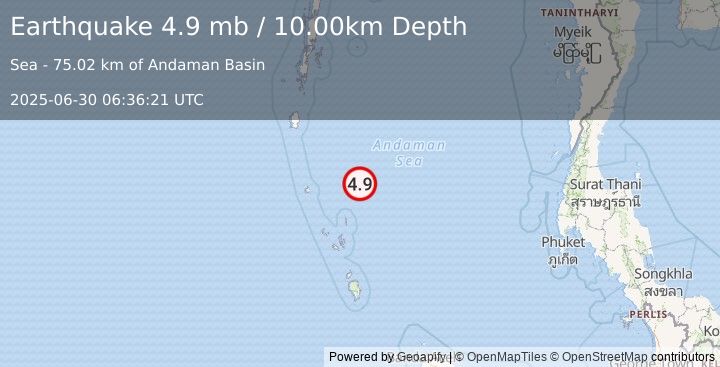 Earthquake 288 km SSE of Port Blair, India (4.9 mb) (2025-06-30 06:36:21 UTC)