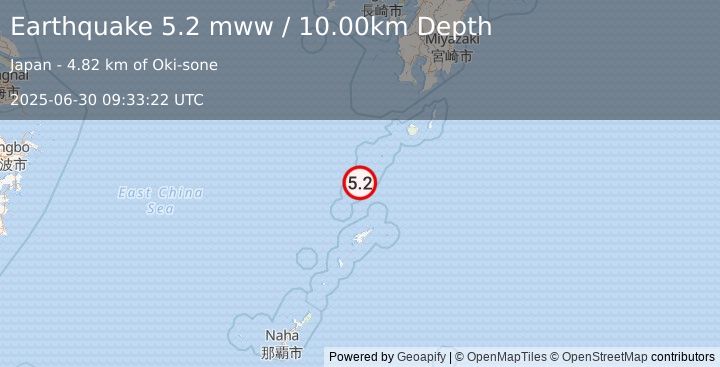 Earthquake 98 km NNW of Tatsugō, Japan (5.2 mww) (2025-06-30 09:33:22 UTC)
