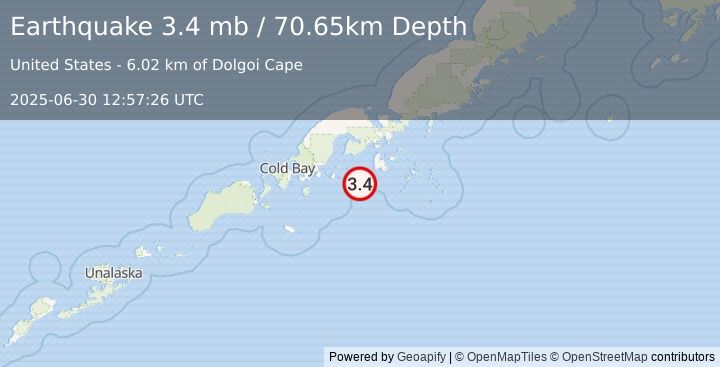 Earthquake 53 km SW of Sand Point, Alaska (3.4 mb) (2025-06-30 12:57:26 UTC)