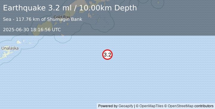 Earthquake 207 km SSE of Sand Point, Alaska (3.2 ml) (2025-06-30 18:16:56 UTC)