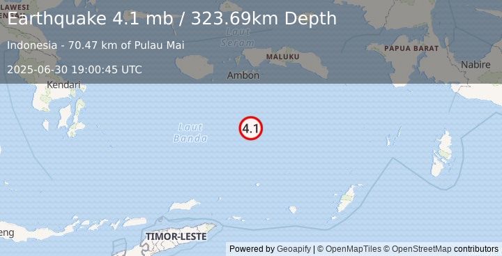 Earthquake 186 km S of Ambon, Indonesia (4.1 mb) (2025-06-30 19:00:45 UTC)