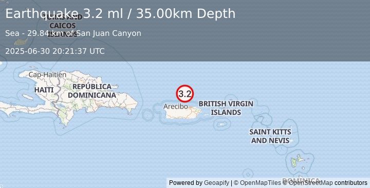 Earthquake 55 km N of Brenas, Puerto Rico (3.2 ml) (2025-06-30 20:21:37 UTC)