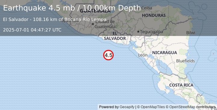 Earthquake 117 km S of La Libertad, El Salvador (4.5 mb) (2025-07-01 04:47:27 UTC)