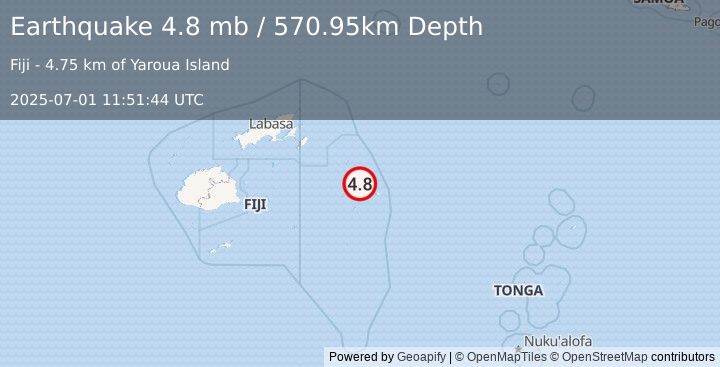 Earthquake 216 km E of Levuka, Fiji (4.8 mb) (2025-07-01 11:51:44 UTC)