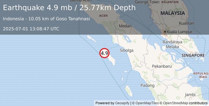 Earthquake 62 km WNW of Gunungsitoli, Indonesia (4.9 mb) (2025-07-01 13:08:47 UTC)