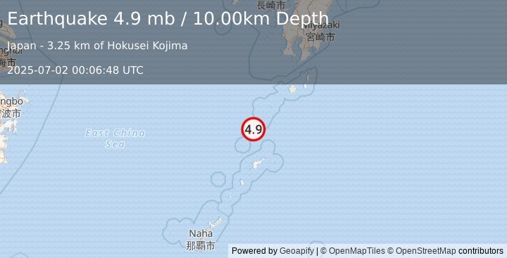 Earthquake 93 km NNW of Tatsugō, Japan (4.9 mb) (2025-07-02 00:06:48 UTC)