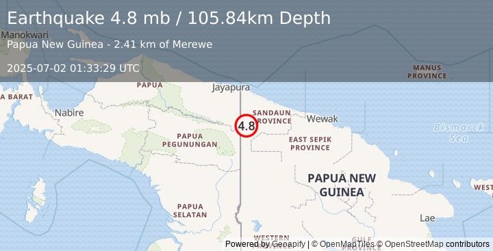 Earthquake 121 km S of Vanimo, Papua New Guinea (4.8 mb) (2025-07-02 01:33:29 UTC)