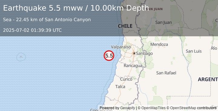 Earthquake 81 km W of Cartagena, Chile (5.5 mww) (2025-07-02 01:39:39 UTC)