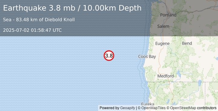 Earthquake 210 km W of Bandon, Oregon (3.8 mb) (2025-07-02 01:58:47 UTC)