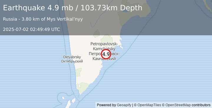 Earthquake 22 km SSE of Petropavlovsk-Kamchatsky, Russia (4.9 mb) (2025-07-02 02:49:49 UTC)