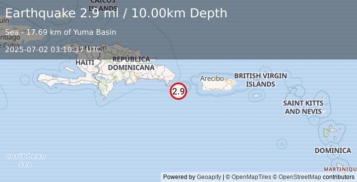 Earthquake 65 km SE of Boca de Yuma, Dominican Republic (2.9 ml) (2025-07-02 03:10:37 UTC)