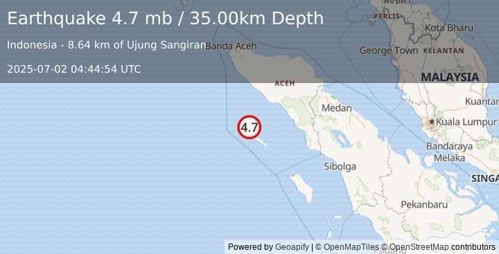 Earthquake 75 km NW of Sinabang, Indonesia (4.7 mb) (2025-07-02 04:44:54 UTC)