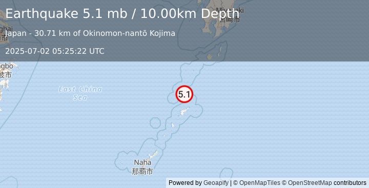 Earthquake 58 km NNW of Tatsugō, Japan (5.1 mb) (2025-07-02 05:25:22 UTC)