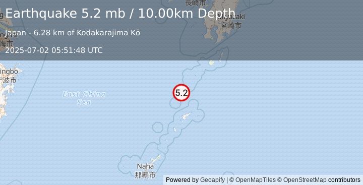 Earthquake 90 km NNW of Tatsugō, Japan (5.2 mb) (2025-07-02 05:51:48 UTC)