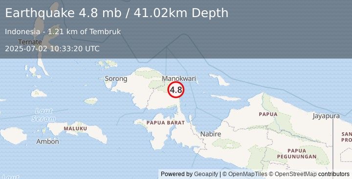 Earthquake 29 km WNW of Ransiki, Indonesia (4.8 mb) (2025-07-02 10:33:20 UTC)