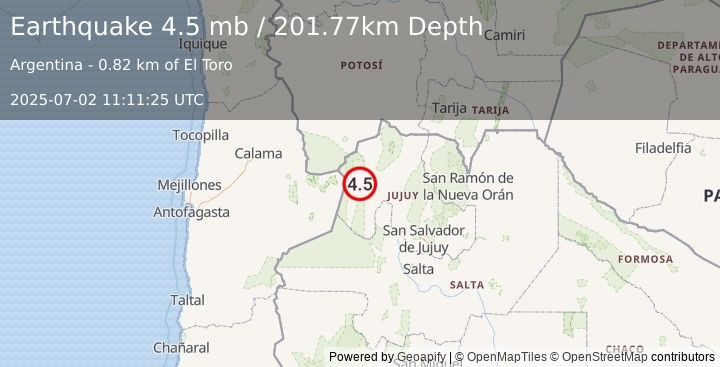 Earthquake 105 km W of El Aguilar, Argentina (4.5 mb) (2025-07-02 11:11:25 UTC)
