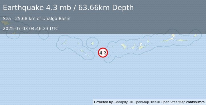 Earthquake 204 km WSW of Adak, Alaska (4.3 mb) (2025-07-03 04:46:23 UTC)