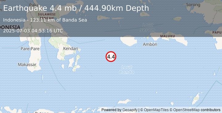 Earthquake 285 km SSW of Sanana, Indonesia (4.4 mb) (2025-07-03 04:53:16 UTC)