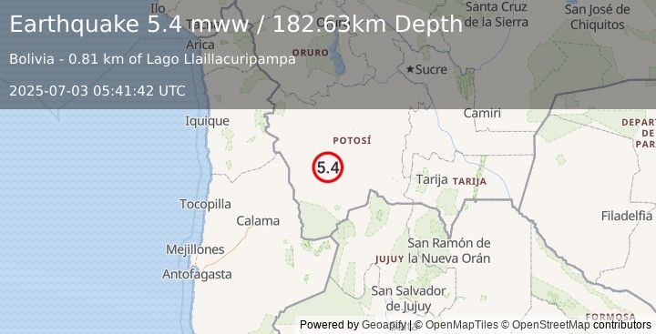 Earthquake 99 km SSW of Uyuni, Bolivia (5.4 mww) (2025-07-03 05:41:42 UTC)