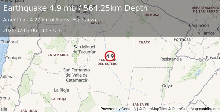 Earthquake 29 km SSW of El Hoyo, Argentina (4.9 mb) (2025-07-03 06:13:57 UTC)