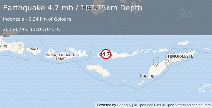 Earthquake 7 km ENE of Ruteng, Indonesia (4.7 mb) (2025-07-03 11:10:10 UTC)