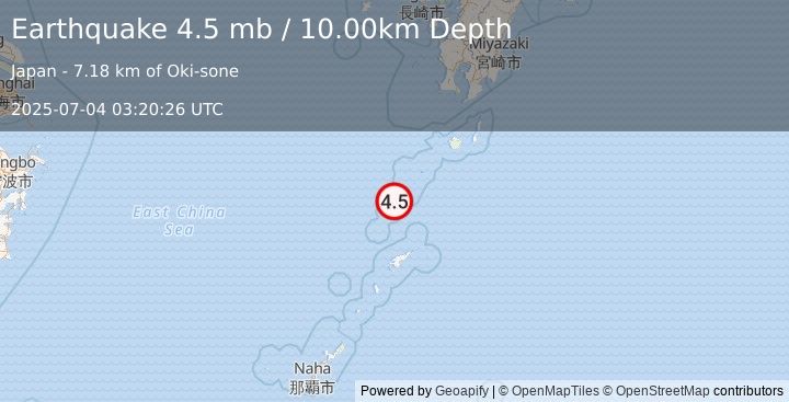 Earthquake 101 km NNW of Tatsugō, Japan (4.5 mb) (2025-07-04 03:20:26 UTC)