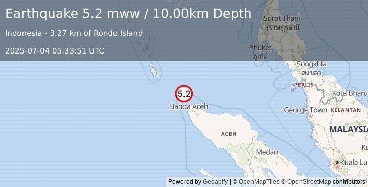 Earthquake 32 km NW of Sabang, Indonesia (5.2 mww) (2025-07-04 05:33:51 UTC)
