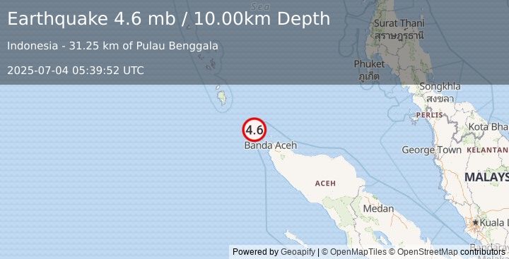 Earthquake 56 km WNW of Sabang, Indonesia (4.6 mb) (2025-07-04 05:39:52 UTC)