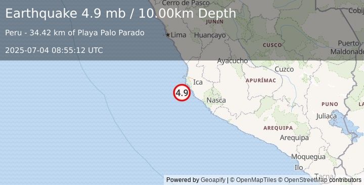 Earthquake 73 km SSW of Paracas, Peru (4.9 mb) (2025-07-04 08:55:12 UTC)