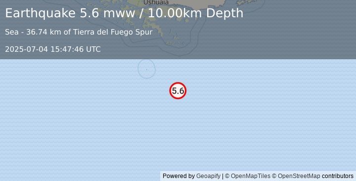 Earthquake 253 km SSE of Ushuaia, Argentina (5.6 mww) (2025-07-04 15:47:46 UTC)