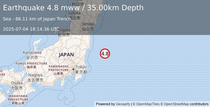 Earthquake 121 km ESE of Iwaki, Japan (4.8 mww) (2025-07-04 18:14:36 UTC)