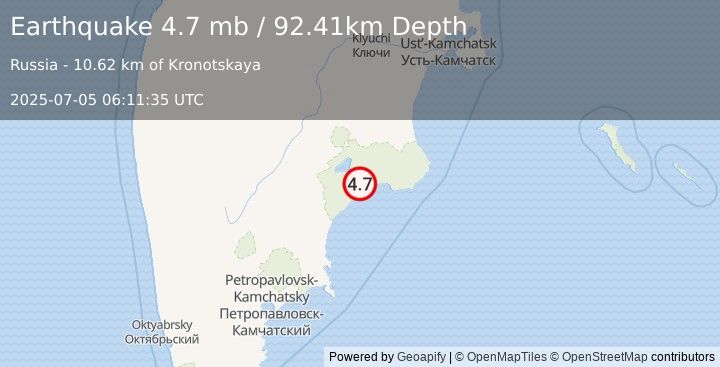 Earthquake 127 km E of Mil’kovo, Russia (4.7 mb) (2025-07-05 06:11:35 UTC)