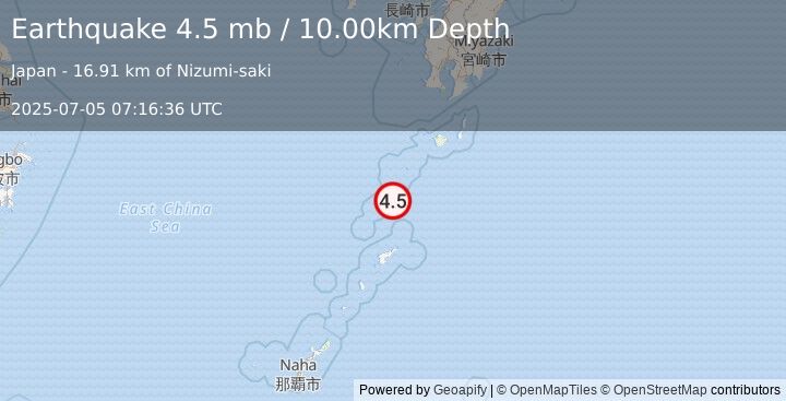 Earthquake 93 km N of Tatsugō, Japan (4.5 mb) (2025-07-05 07:16:36 UTC)