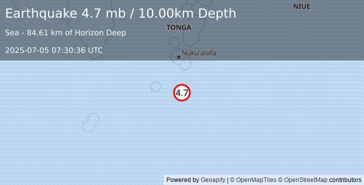 Earthquake 136 km S of ‘Ohonua, Tonga (4.7 mb) (2025-07-05 07:30:36 UTC)