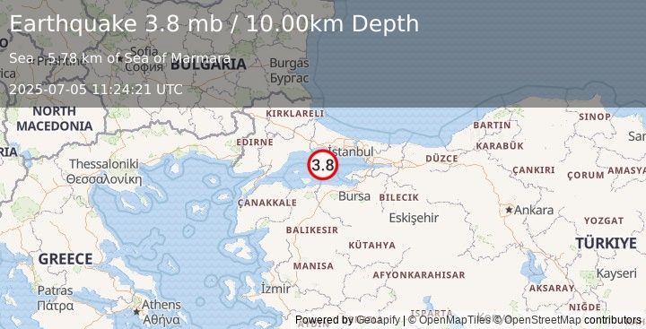 Earthquake 32 km SSW of Kumburgaz, Turkey (3.8 mb) (2025-07-05 11:24:21 UTC)
