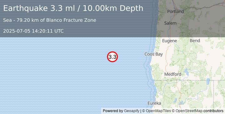 Earthquake 218 km W of Langlois, Oregon (3.3 ml) (2025-07-05 14:20:11 UTC)