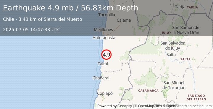 Earthquake 73 km NNE of Taltal, Chile (4.9 mb) (2025-07-05 14:47:33 UTC)