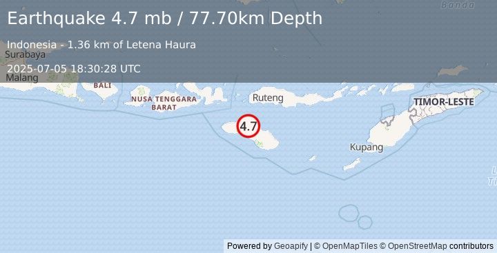 Earthquake 47 km WNW of Waingapu, Indonesia (4.7 mb) (2025-07-05 18:30:28 UTC)
