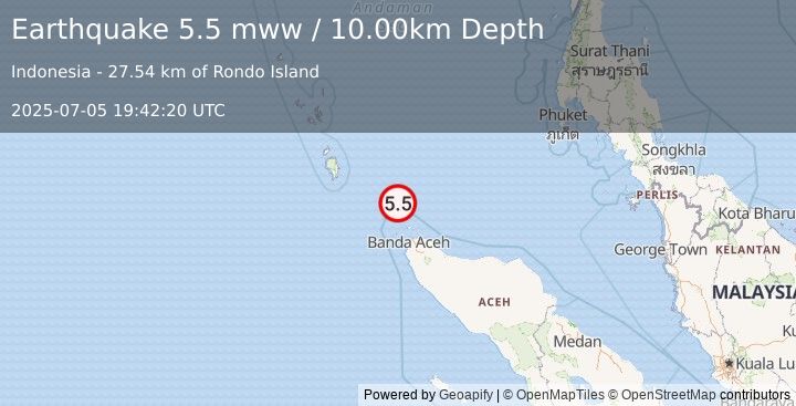 Earthquake 52 km NNW of Sabang, Indonesia (5.5 mww) (2025-07-05 19:42:20 UTC)