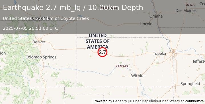 Earthquake 11 km NNE of Collyer, Kansas (2.7 mb_lg) (2025-07-05 20:53:00 UTC)
