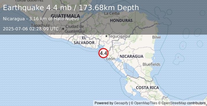 Earthquake 11 km NNE of Jiquilillo, Nicaragua (4.4 mb) (2025-07-06 02:28:09 UTC)