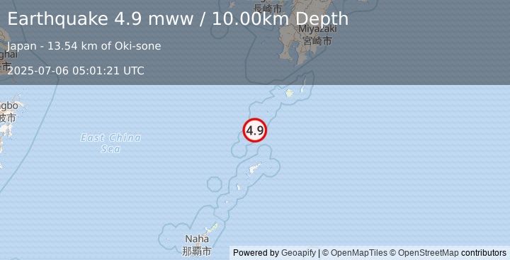 Earthquake 100 km N of Tatsugō, Japan (4.9 mww) (2025-07-06 05:01:21 UTC)