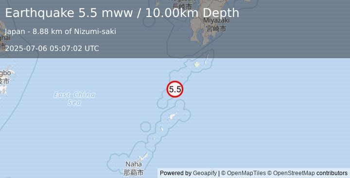 Earthquake 102 km N of Tatsugō, Japan (5.5 mww) (2025-07-06 05:07:02 UTC)