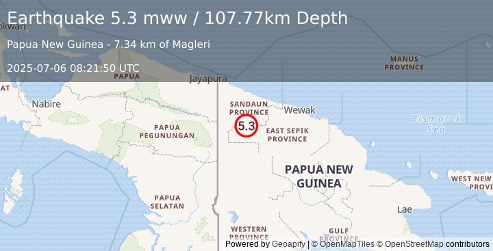 Earthquake 100 km W of Ambunti, Papua New Guinea (5.3 mww) (2025-07-06 08:21:50 UTC)