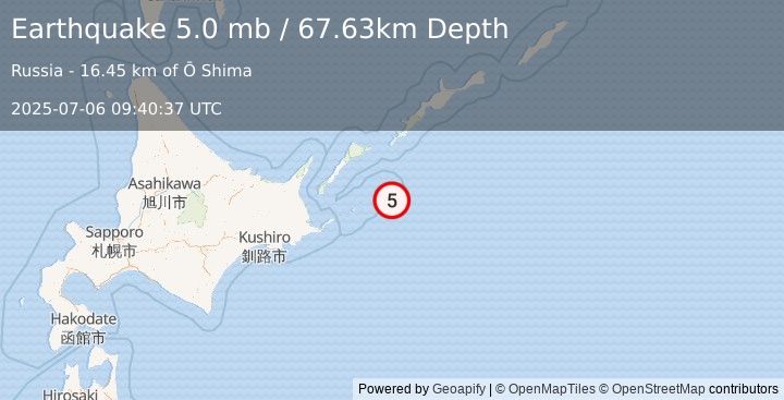 Earthquake 24 km SE of Shikotan, Russia (5.0 mb) (2025-07-06 09:40:37 UTC)