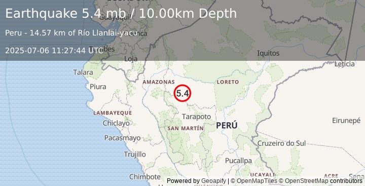 Earthquake 61 km N of Moyobamba, Peru (5.4 mb) (2025-07-06 11:27:44 UTC)