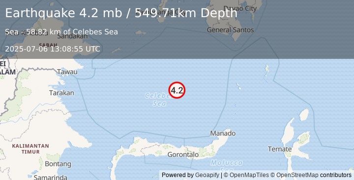 Earthquake Celebes Sea (4.2 mb) (2025-07-06 13:08:55 UTC)